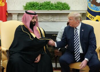 US President Donald Trump (R) shakes hands with Saudi Arabia's Crown Prince Mohammed bin Salman in the Oval Office of the White House on March 20, 2018 in Washington, DC. (Photo by MANDEL NGAN / AFP)